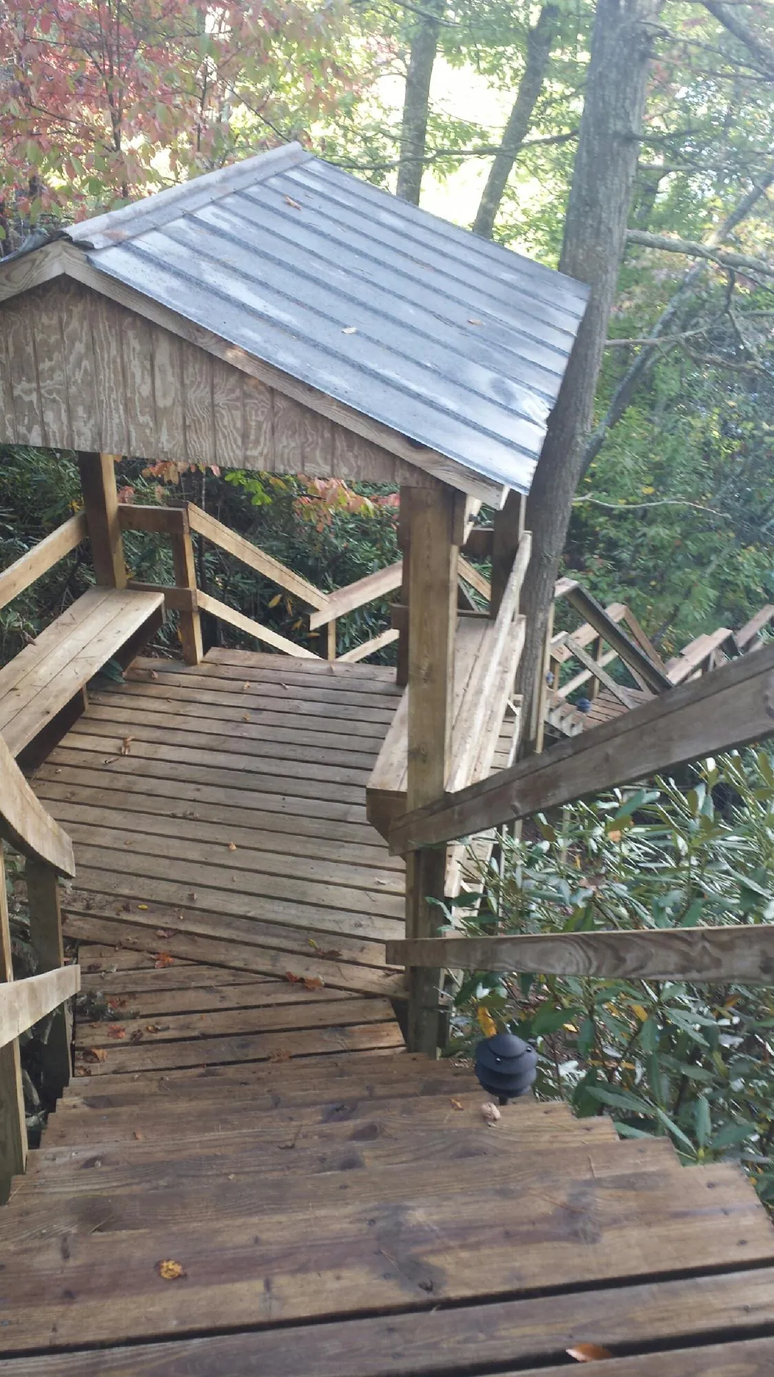 Metal roofed shelter over wooden steps on a wooded walkway — Skylight Repair & Installation work by our crew in Valdese